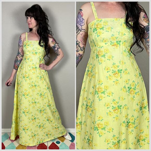 Vintage 1970s Yellow Floral Print Sleeveless A-Line Maxi Sundress - Picture 1 of 8